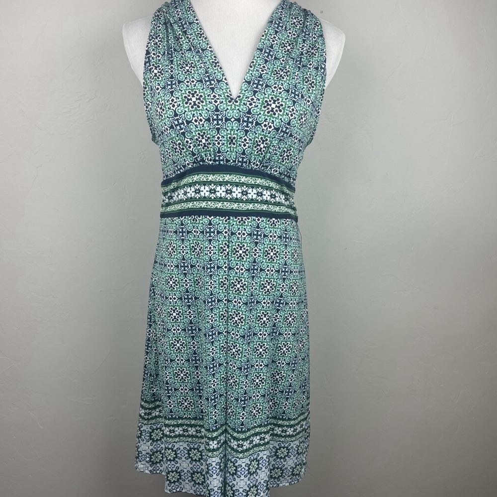 Max Studio NWT Tile Print Sleeveless Midi Dress Women Large Blue Green Stretch